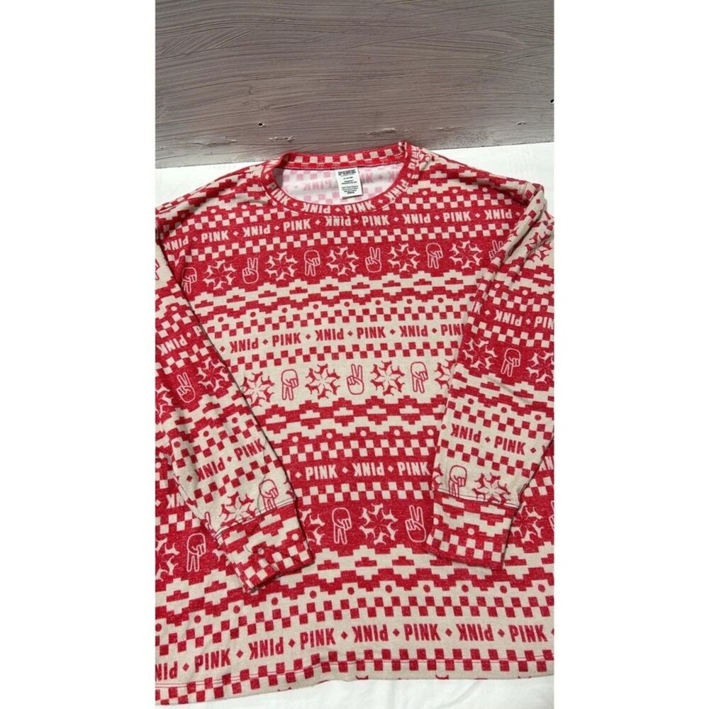 Pink Victoria Secret Pajama Set Medium Red Long Sleve Shirt W/Pants